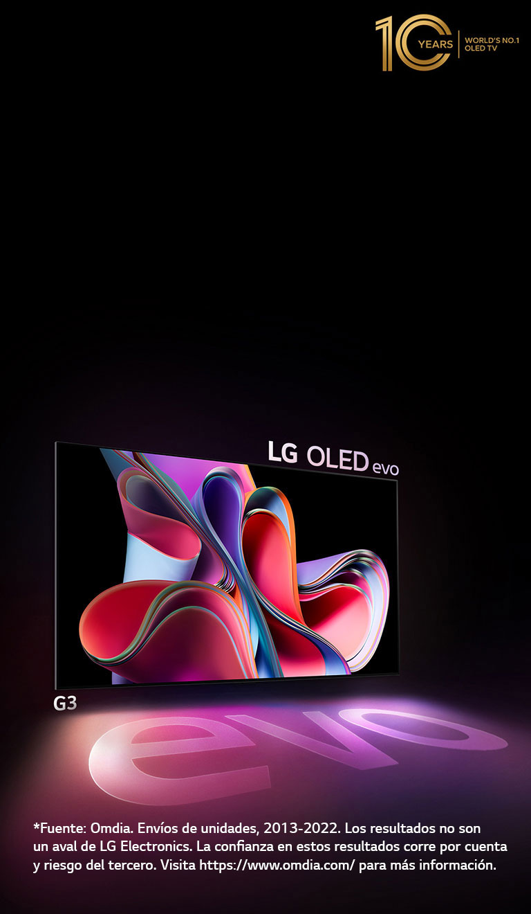 Una imagen del LG OLED G3 sobre un fondo negro que muestra una ilustración brillante y abstracta, color rosa y violeta. La pantalla proyecta una sombra de colores en la que aparece la palabra "evo". La frase "El mejor televisor OLED del mundo de la última década" está en la esquina superior izquierda de la imagen. 