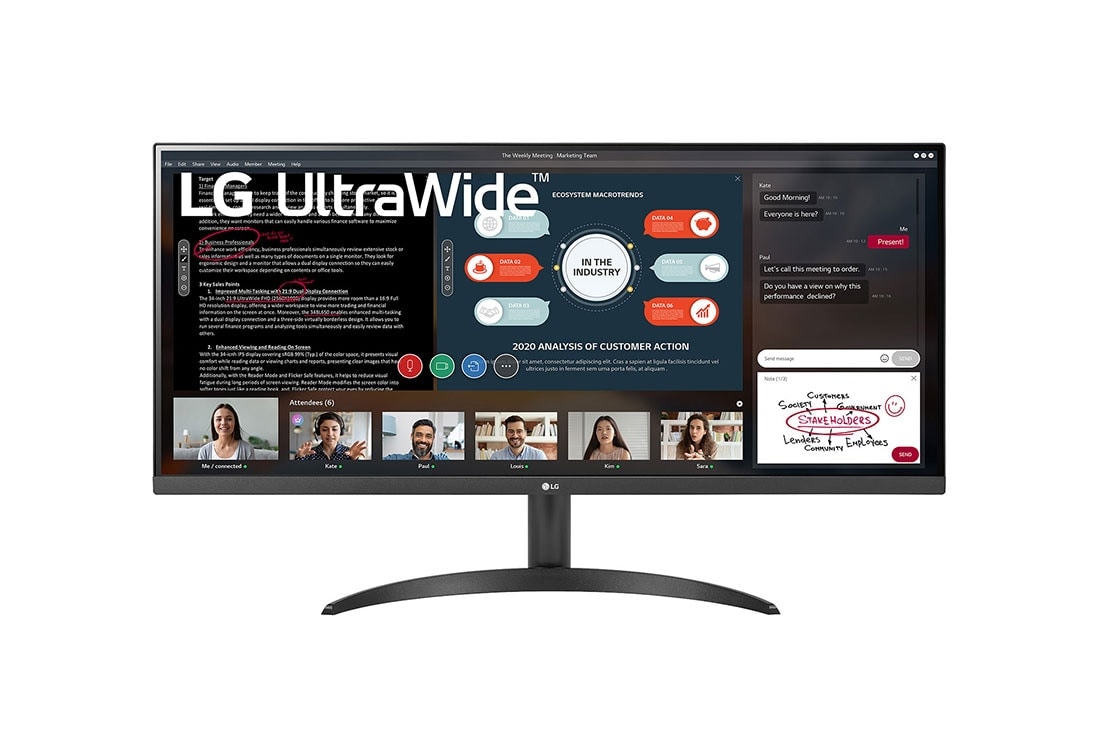 LG Monitor 34'' 21:9 UltraWide™ Full HD IPS con AMD FreeSync™, Vista frontal, 34WP500-B