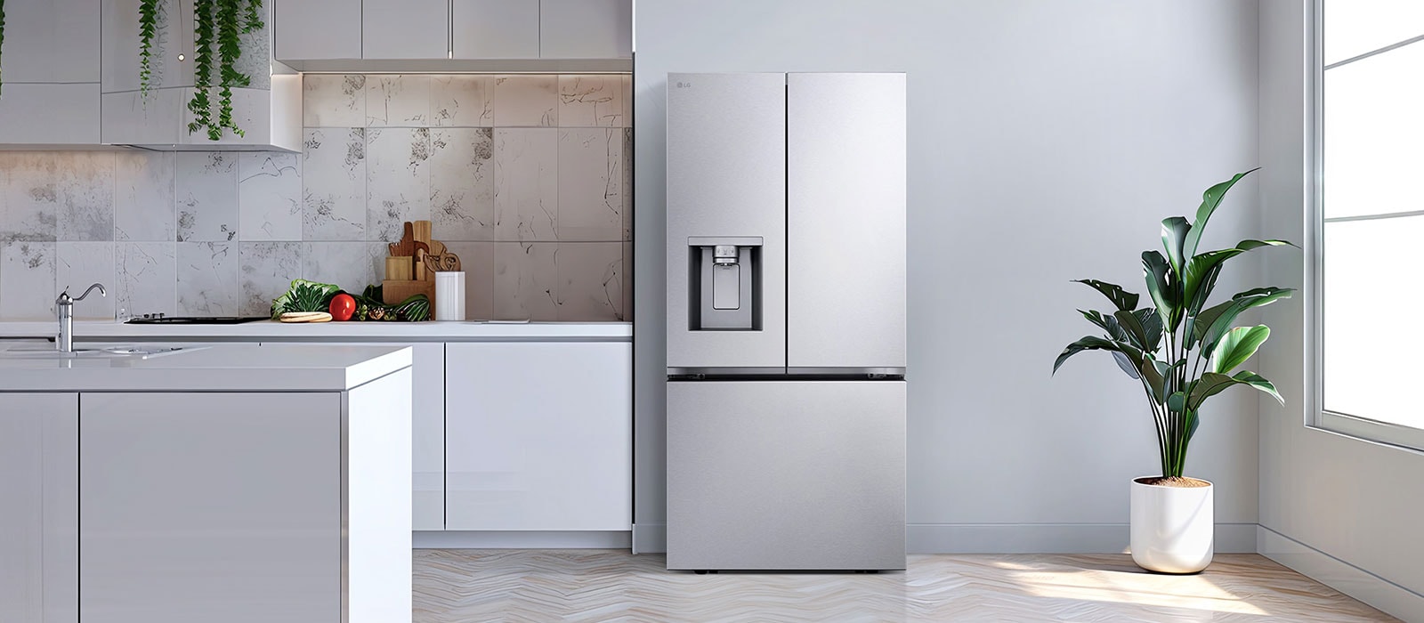 Una vista del refrigerador LG de varias puertas en la cocina.