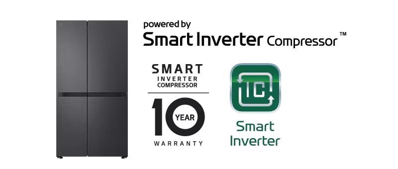 Imagen del producto con el logo del Compresor Smart Inverter™ y el logo de garantía de 10 años.