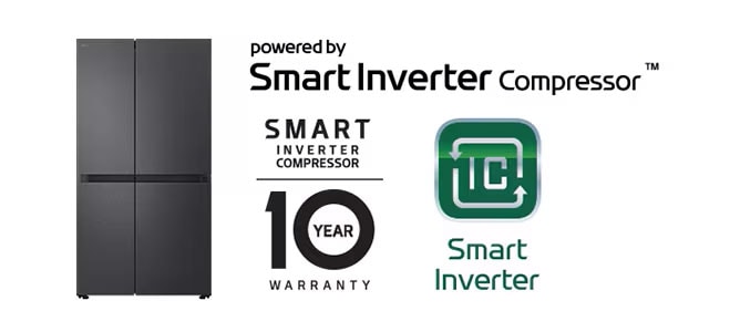 Imagen del producto con el logo del Compresor Smart Inverter™ y el logo de garantía de 10 años.