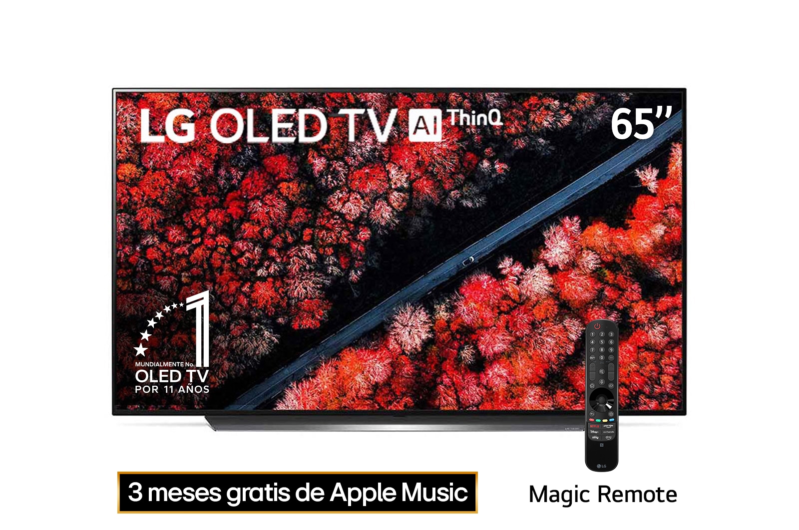 LG  OLED TV 65'' | UHD 4K SMART TV | Ultra HD | Procesador α9 Gen 2 | ThinQ™ AI | Resolución tipo Cine 4K HDR / HFR | Dolby Vision - Atmos | Pantalla tipo Cine, vista frontal, OLED65C9PSA