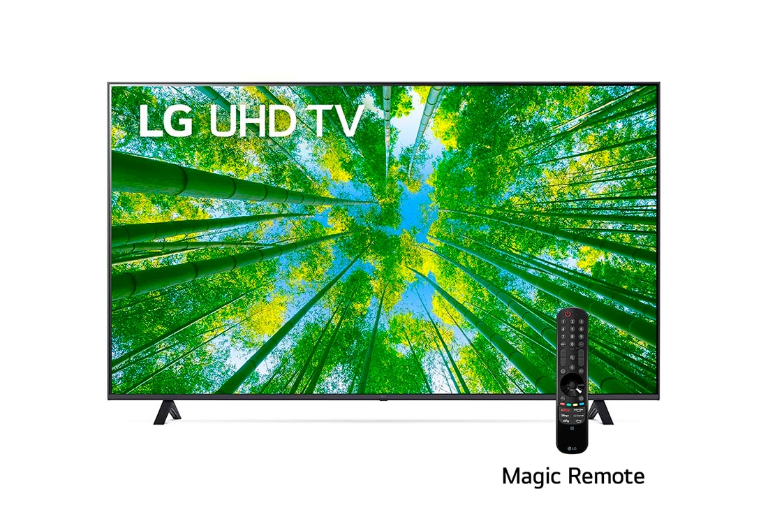 LG UHD 70'' UQ8050 Smart TV con ThinQ AI (Inteligencia Artificial), Una vista frontal del televisor LG UHD con la imagen de relleno y el logotipo del producto encima, 70UQ8050PSB