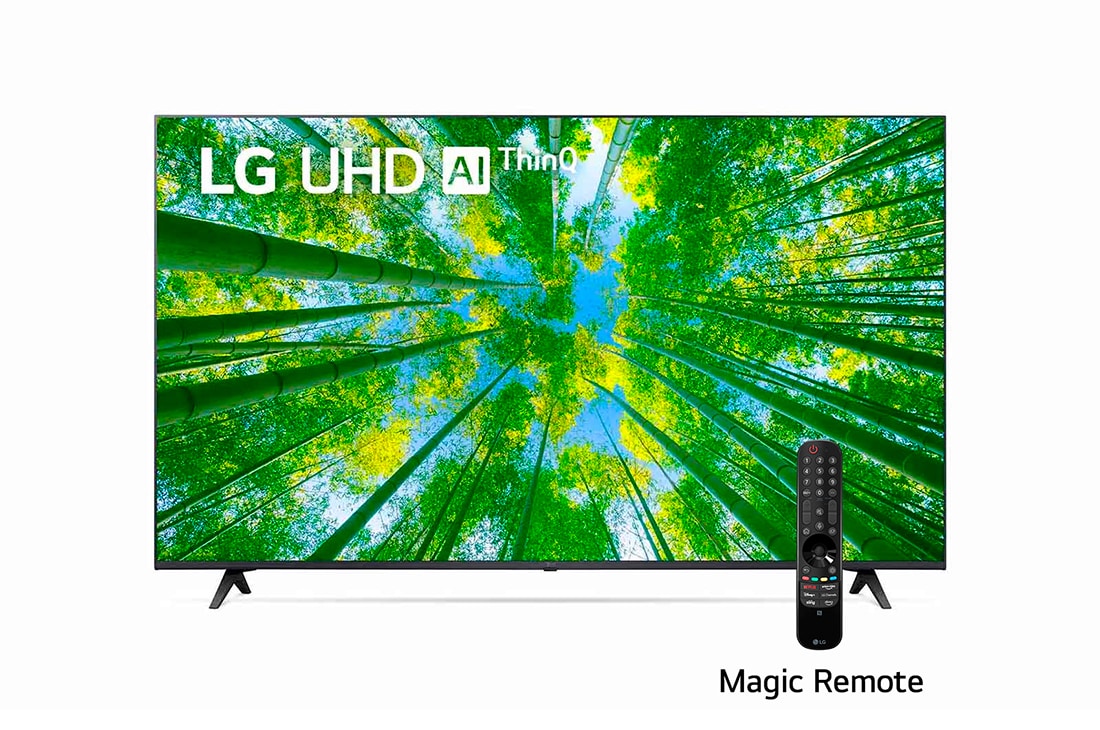 LG UHD 60'' UQ8050 Smart TV con ThinQ AI (Inteligencia Artificial), Una vista frontal del televisor LG UHD con la imagen de relleno y el logotipo del producto encima, 60UQ8050PSB