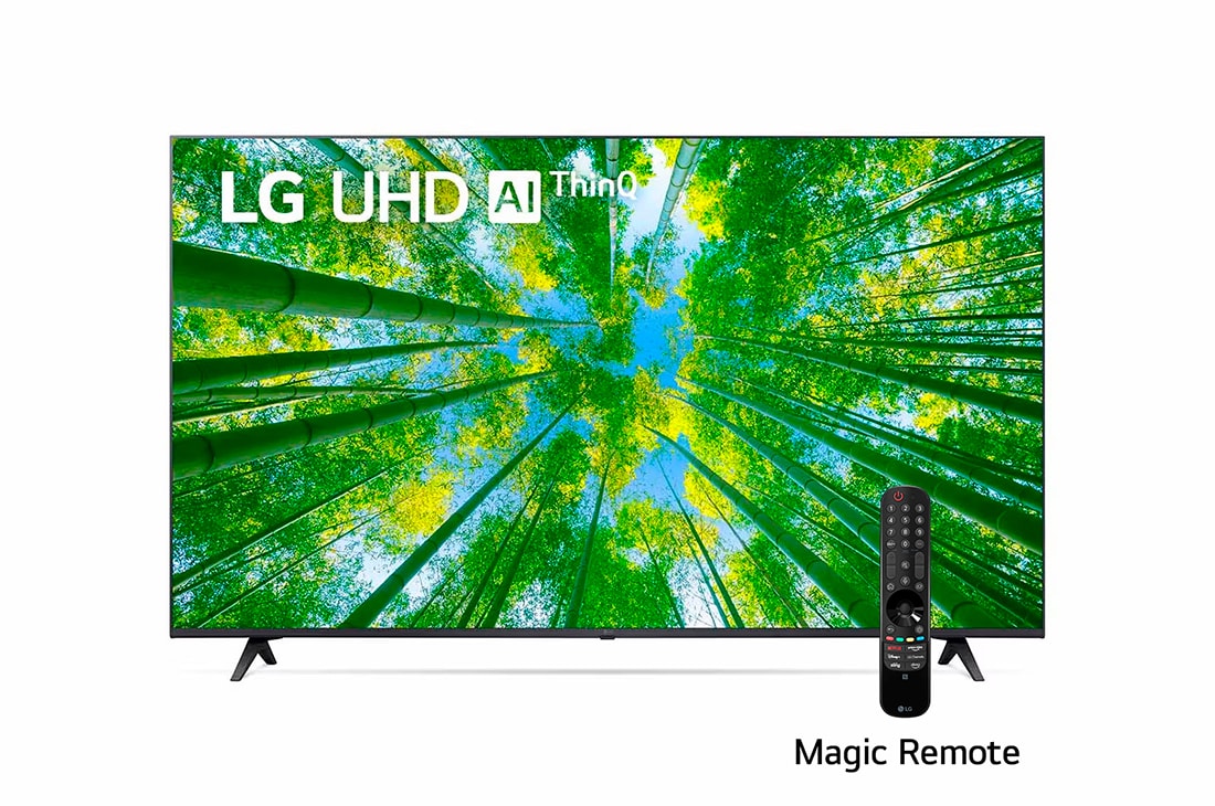 LG UHD 55'' UQ8050 Smart TV con ThinQ AI (Inteligencia Artificial), Una vista frontal del televisor LG UHD con la imagen de relleno y el logotipo del producto encima, 55UQ8050PSB