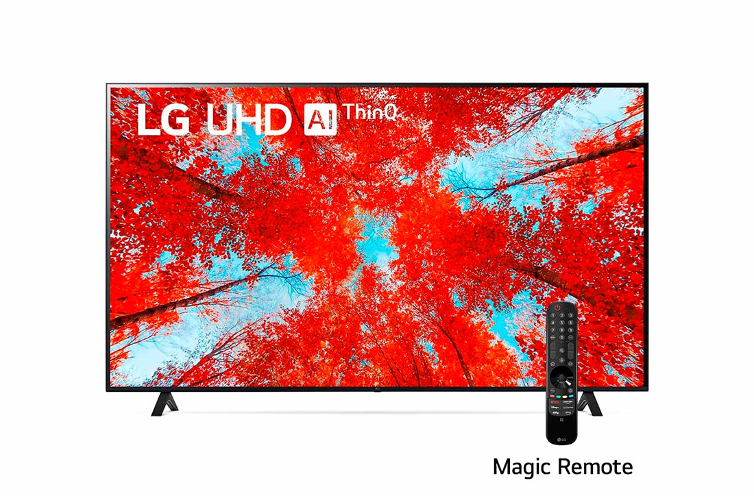 LG Televisor LG UHD TV 86'' Procesador α7 Gen5 AI 4K  ThinQ™ AI Smart TV, Una vista frontal del televisor LG UHD con la imagen de relleno y el logotipo del producto encima, 86UQ9050PSC