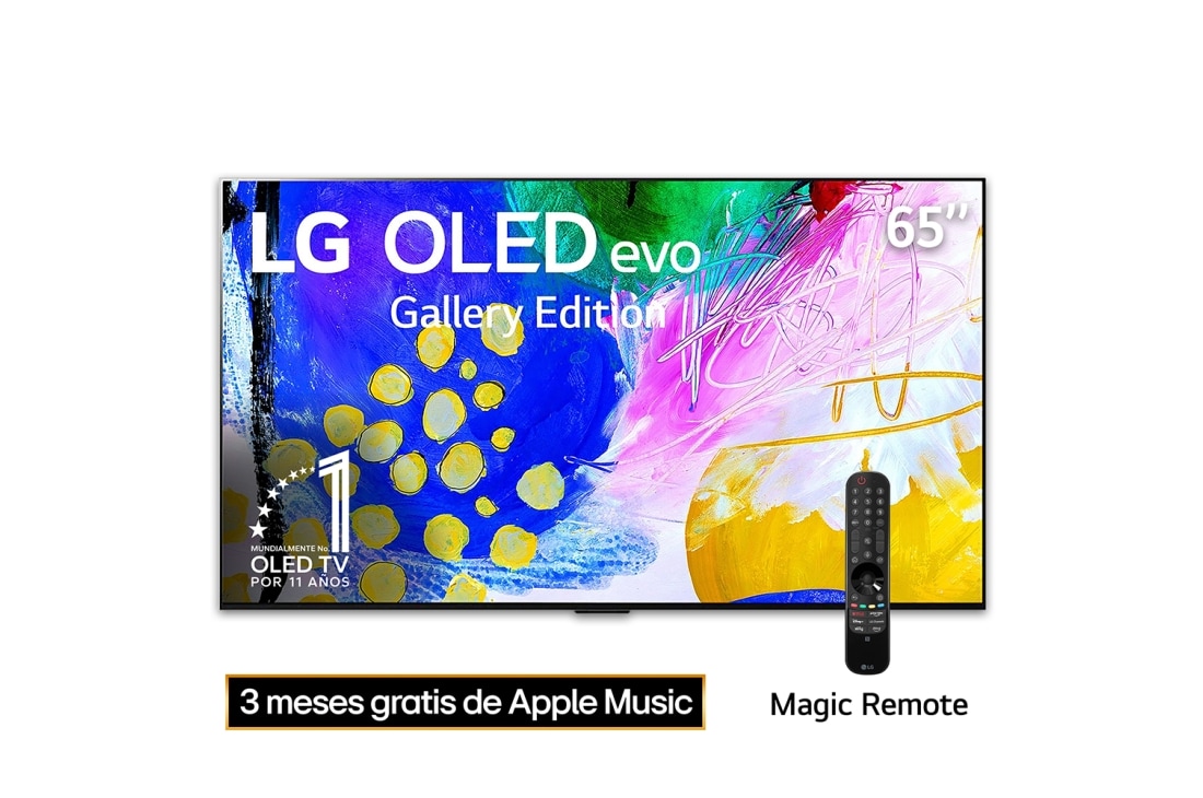 LG OLED 65'' G2 evo Smart TV con ThinQ AI (Inteligencia Artificial), Vista frontal con LG OLED evo Gallery Edition en la pantalla, OLED65G2PSA