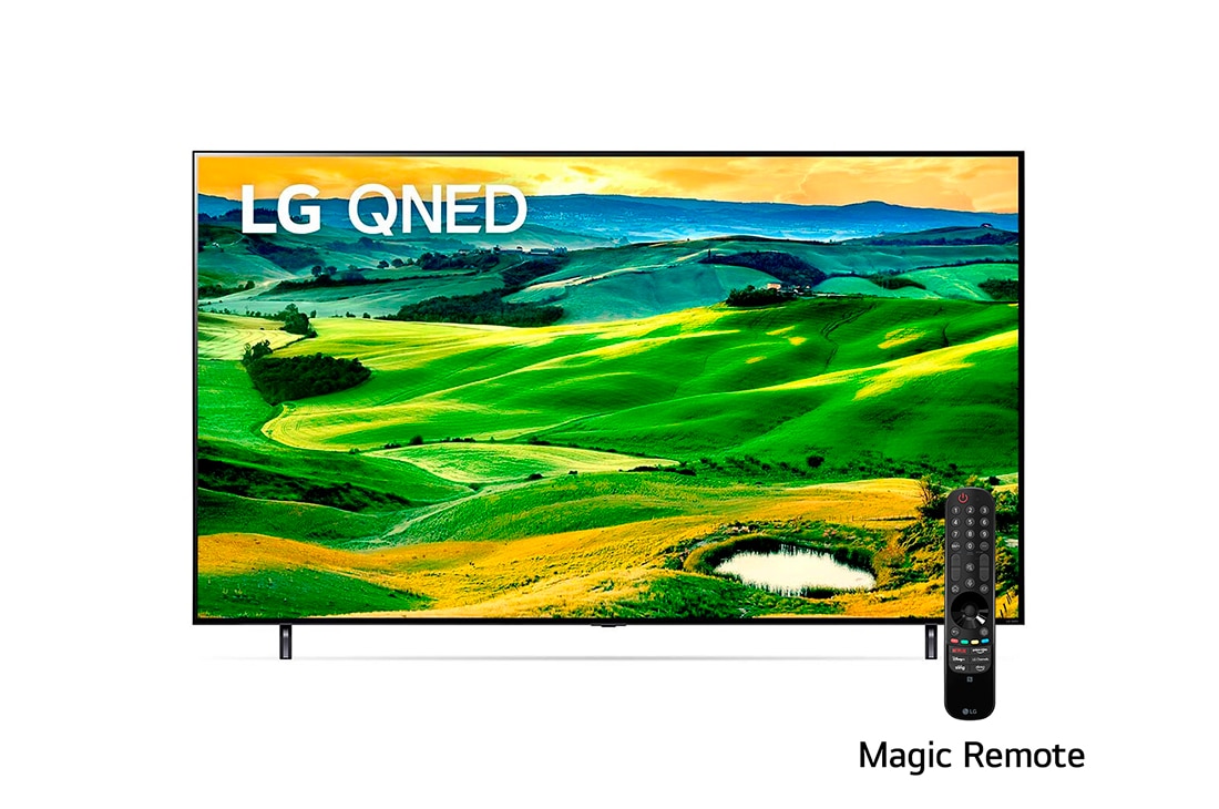 LG QNED 86'' QNED80 4K Smart TV con ThinQ AI (Inteligencia Artificial), Procesador α7 Gen5 AI 4K, Una vista frontal del televisor LG QNED con una imagen de relleno y el logotipo del producto en, 86QNED80SQA