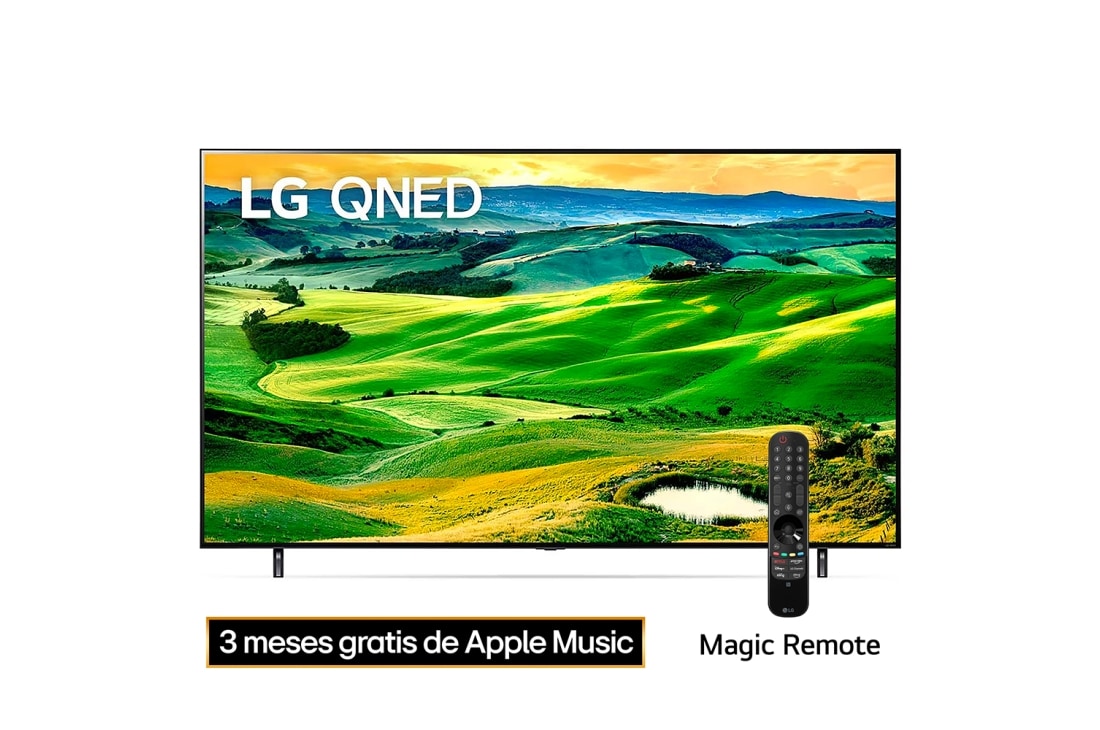 LG QNED 86'' QNED80 4K Smart TV con ThinQ AI (Inteligencia Artificial), Procesador α7 Gen5 AI 4K, Una vista frontal del televisor LG QNED con una imagen de relleno y el logotipo del producto en, 86QNED80SQA