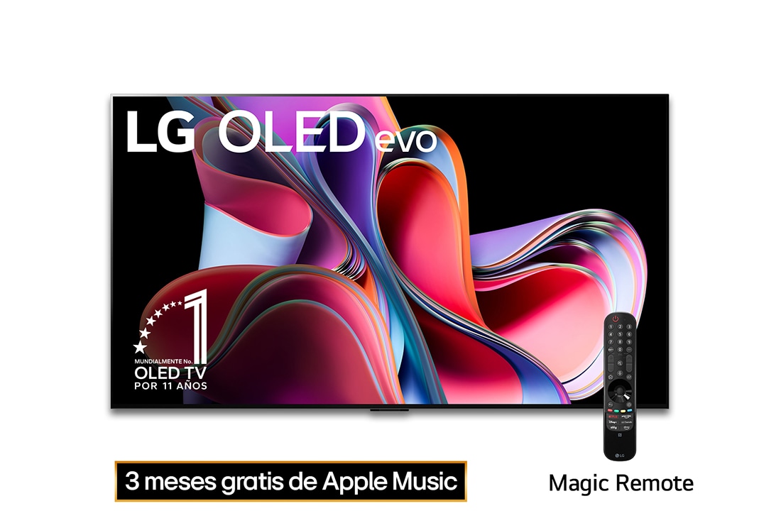 LG Pantalla LG OLED evo 77'' G3 4K SMART TV con ThinQ AI, Vista frontal con LG OLED evo, la frase: El mejor OLED del mundo por 10 años , OLED77G3PSA