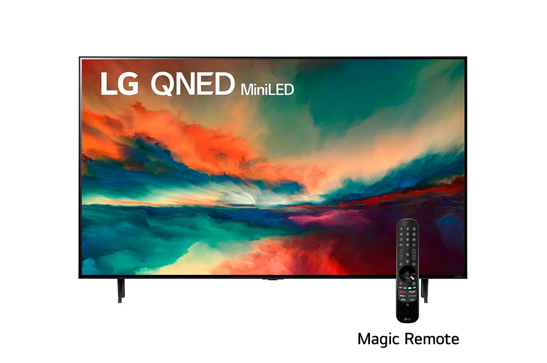 LG Pantalla LG QNED miniLED 65'' QNED85 4K SMART TV con ThinQ AI, Una vista frontal del televisor LG QNED con una imagen de relleno y el logotipo del producto en, 65QNED85SRA