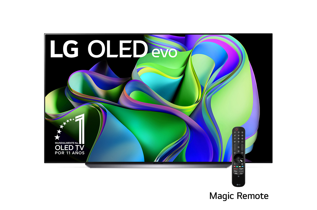 LG Televisor OLED 83'' Procesador α9 AI 4K Gen6 4K SMART TV ThinQ™ AI, Vista frontal con el LG OLED evo y la frase «El mejor OLED del mundo por 10 años» en la pantalla., OLED83C3PSA