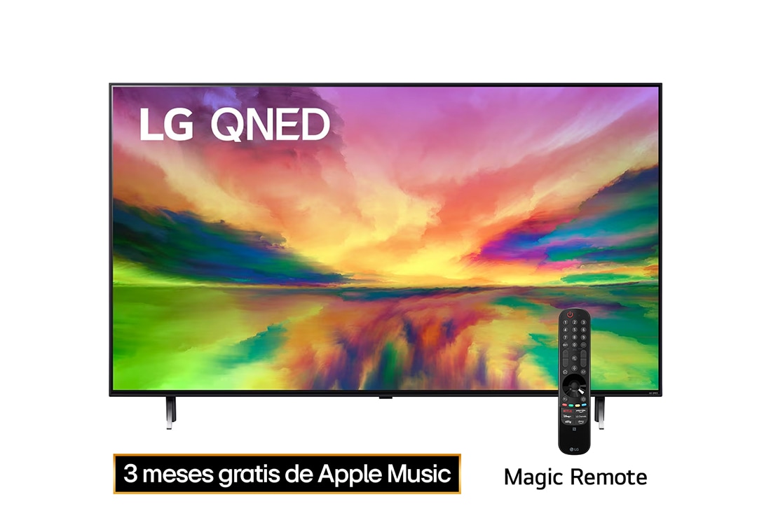 LG Pantalla LG QNED 65'' QNED80 4K SMART TV con ThinQ AI , Una vista frontal del televisor LG QNED con una imagen de relleno y el logotipo del producto en, 65QNED80SRA