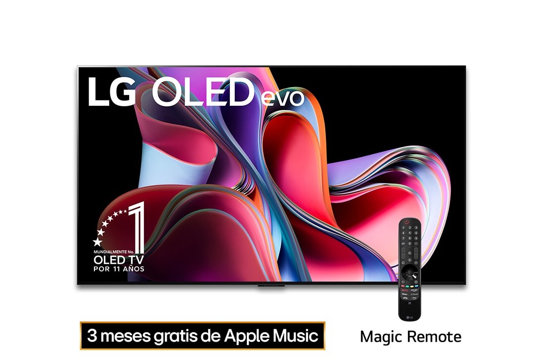 LG Pantalla LG OLED evo 55'' G3 4K SMART TV con ThinQ AI, Vista frontal con LG OLED evo, la frase: El mejor OLED del mundo por 10 años , OLED55G3PSA