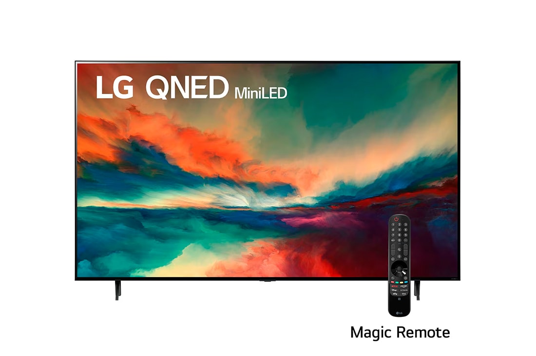 LG Pantalla LG QNED miniLED 86'' QNED85 4K SMART TV con ThinQ AI, Una vista frontal del televisor LG QNED con una imagen de relleno y el logotipo del producto en, 86QNED85SRA