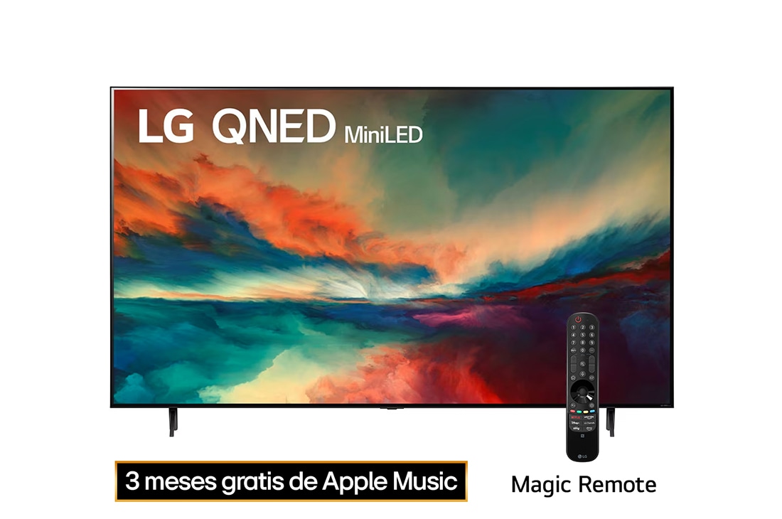 LG Pantalla LG QNED miniLED 75'' QNED85 4K SMART TV con ThinQ AI, Una vista frontal del televisor LG QNED con una imagen de relleno y el logotipo del producto en, 75QNED85SRA