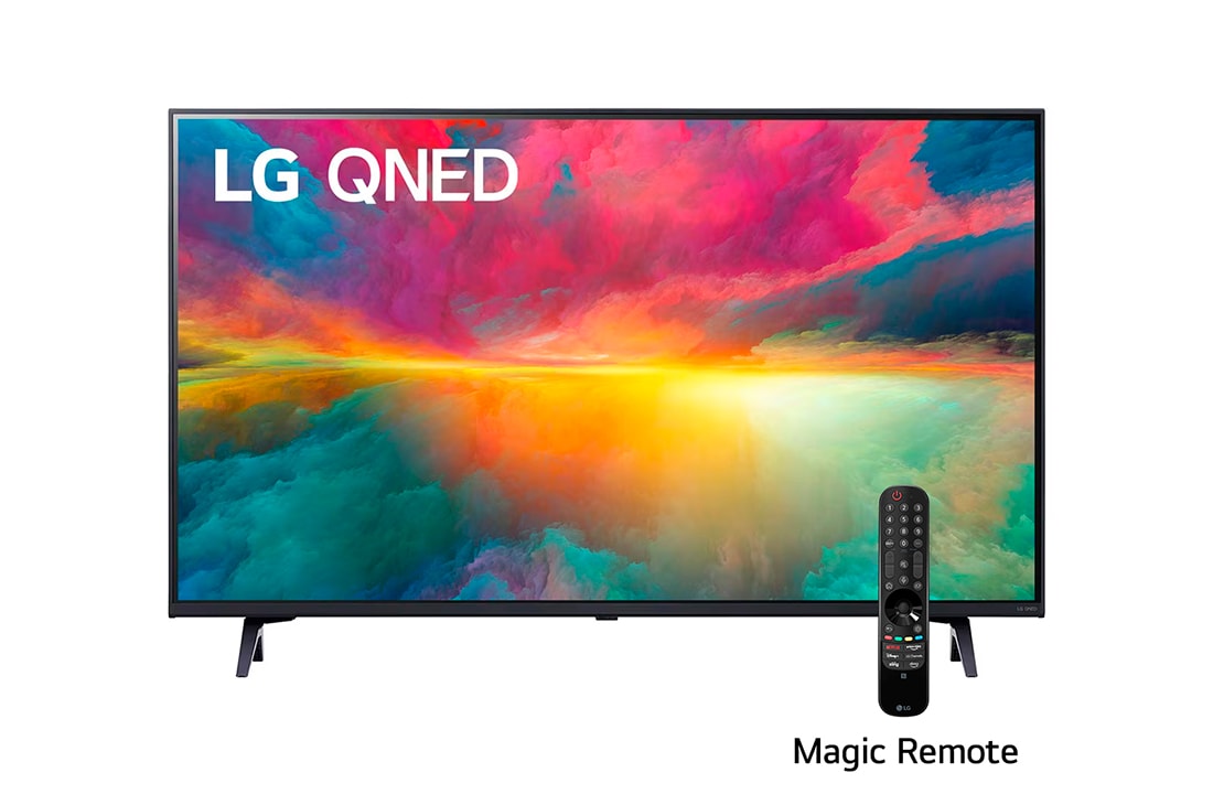 LG Pantalla LG QNED 75 43'' 4K SMART TV con ThinQ AI, Una vista frontal del televisor LG QNED con imagen de relleno y logotipo del producto encendido, 43QNED75SRA