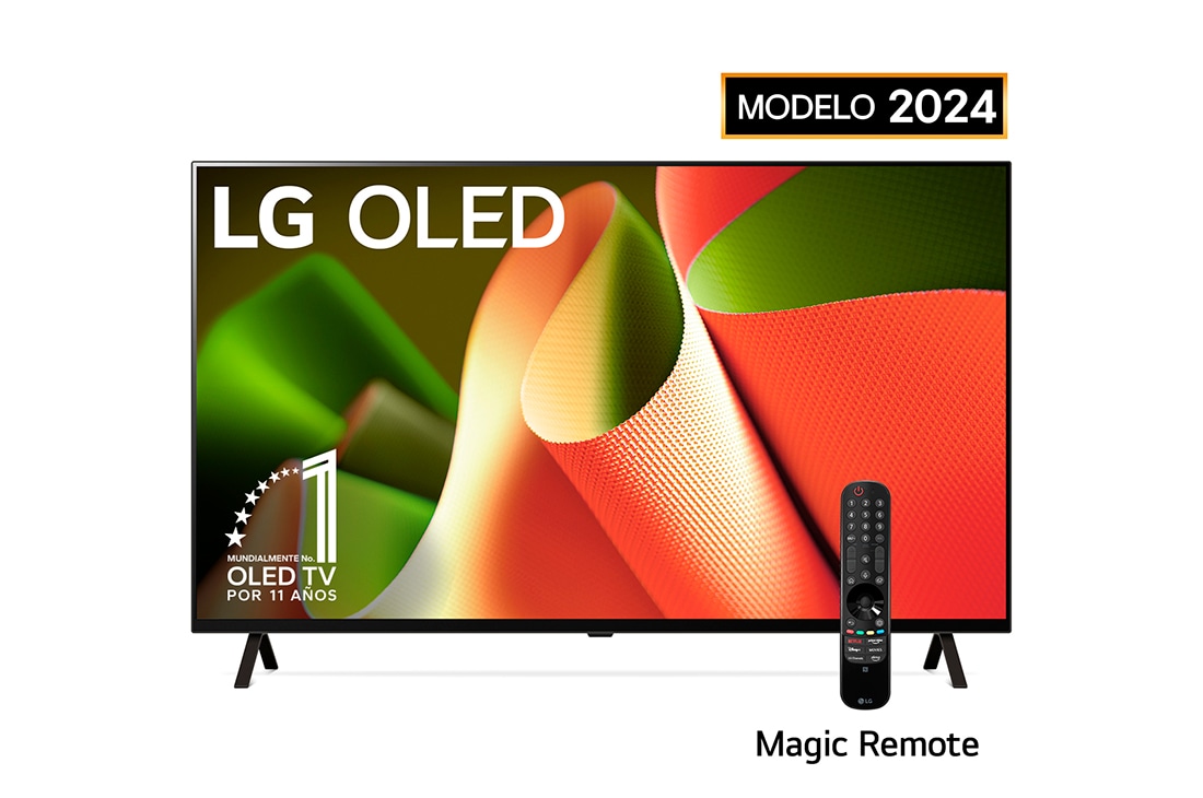 LG 55''pulgadas LG OLED B4 4K Smart TV 2024, Vista frontal con LG OLED TV, OLED B4, 11 años del emblema OLED número 1 del mundo y logotipo de webOS Re:New Program en pantalla con soporte de 2 polos, OLED55B4PSA