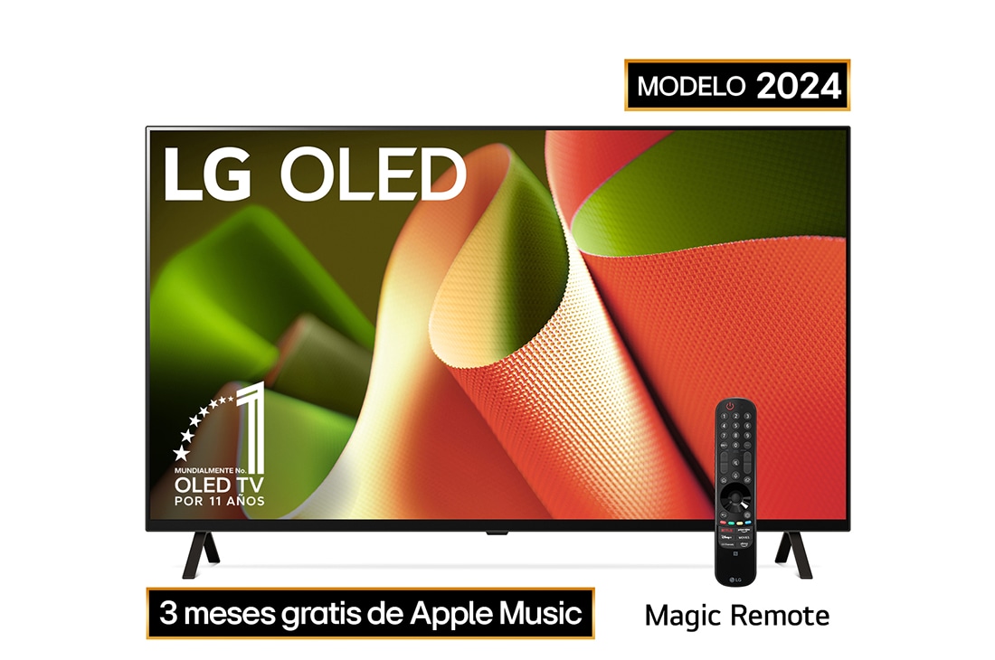 LG 65''pulgadas LG OLED B4 4K Smart TV 2024, Vista frontal con LG OLED TV, OLED B4, 11 años del emblema OLED número 1 del mundo y logotipo de webOS Re:New Program en pantalla con soporte de 2 polos, OLED65B4PSA