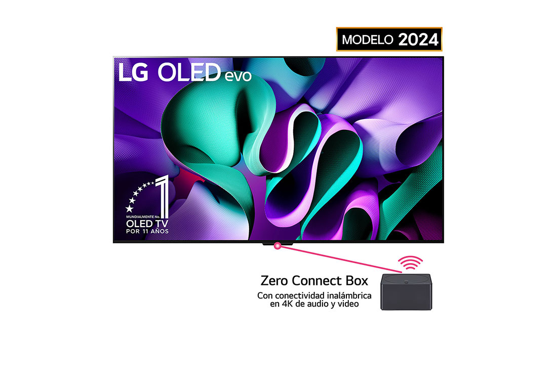 LG OLED evo M4 4K Smart TV 2024 de 97 pulgadas, Vista frontal de un televisor LG OLED evo, OLED M4, el emblema de OLED de 11 año de número 1 del mundo, el logotipo de webOS Re:New Program, el logotipo de la garantía de 5 años del panel en la pantal, OLED97M4PSA