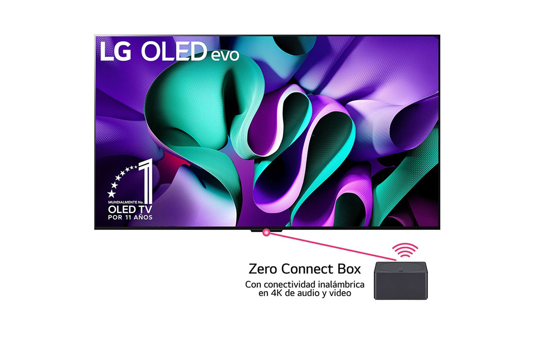 LG TV verdaderamente inalámbrica LG SIGNATURE OLED M4 de 97 pulgadas con transferencia de audio y video 4K 120Hz , Vista frontal de un televisor LG OLED evo, OLED M4, el emblema de OLED de 11 año de número 1 del mundo, el logotipo de webOS Re:New Program, el logotipo de la garantía de 5 años del panel en la pantal, OLED97M4PSA