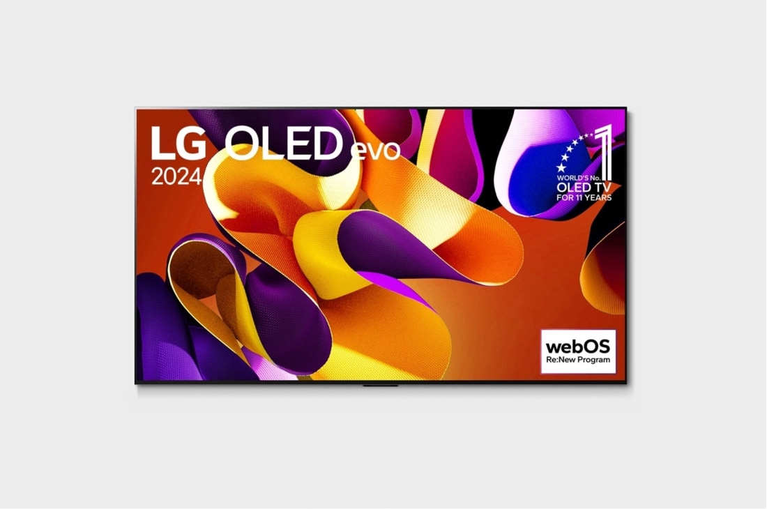 LG Pantalla LG OLED evo 83 pulgadas 4K SMART TV 2024 ThinQ AI OLED83G4PSA, Vista lateral ligeramente inclinada hacia la izquierda de la televisión LG OLED evo, OLED G4 en la pared, OLED83G4PSA