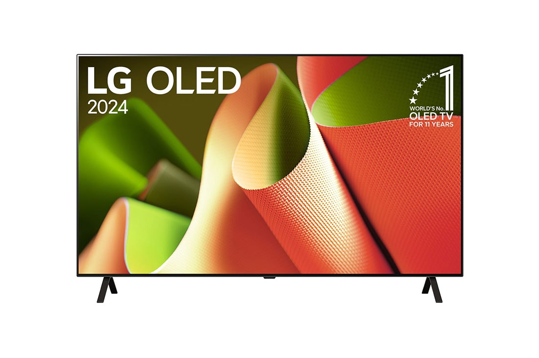 LG 77''pulgadas LG OLED B4 4K Smart TV 2024, Vista frontal con LG OLED TV, OLED B4, 11 años del emblema OLED número 1 del mundo y logotipo de webOS Re:New Program en pantalla con soporte de 2 polos, OLED77B4PSA