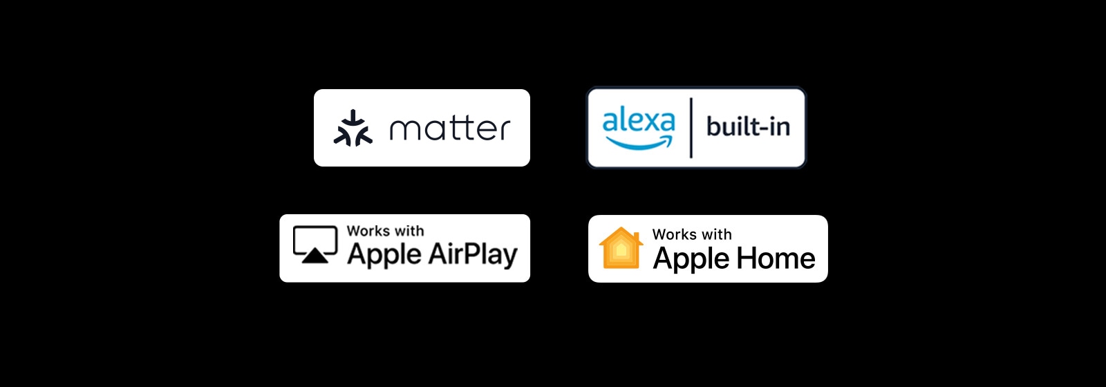 Logotipo de alexa integrada Logotipo de funciona con Apple AirPlay Logotipo de funciona con Apple Home Logotipo de funciona con Matter