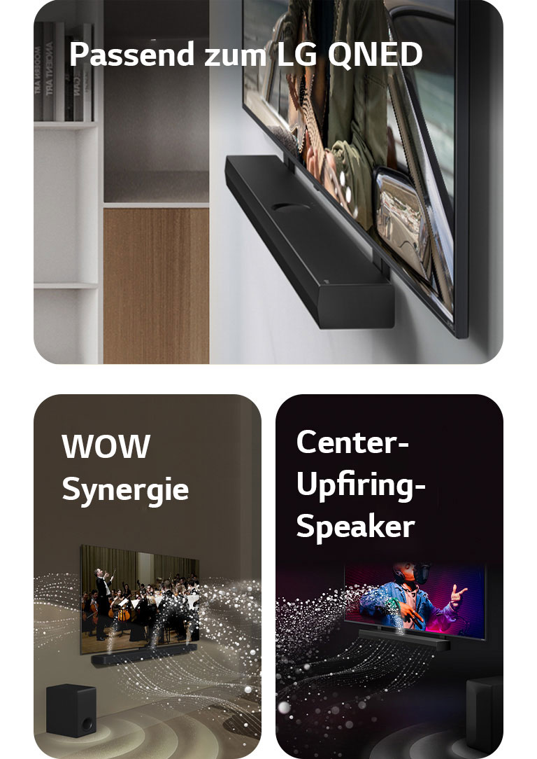 Die LG Soundbar und der LG QNED Fernseher an der Wand mit der passenden QNED-Halterung in einem grauen und hölzernen Wohnraum in schräger Perspektive, wobei ein gitarrespielender Mann vor dem Meer zu sehen ist.   LG Soundbar und LG TV in einem Wohnzimmer bei der Wiedergabe einer Orchesteraufführung. Von der Soundbar gehen weiße Tröpfchen, die Schallwellen darstellen, nach oben und nach vorne und projizieren vom Fernseher, während der Subwoofer von unten einen Klangeffekt erzeugt.  LG Soundbar und LG TV in einem schwarzen Raum bei der Wiedergabe einer Musikaufführung. Von der Soundbar kommen weiße Tröpfchen, die Schallwellen darstellen, nach oben und nach vorne, während der Subwoofer von unten einen Klangeffekt erzeugt.