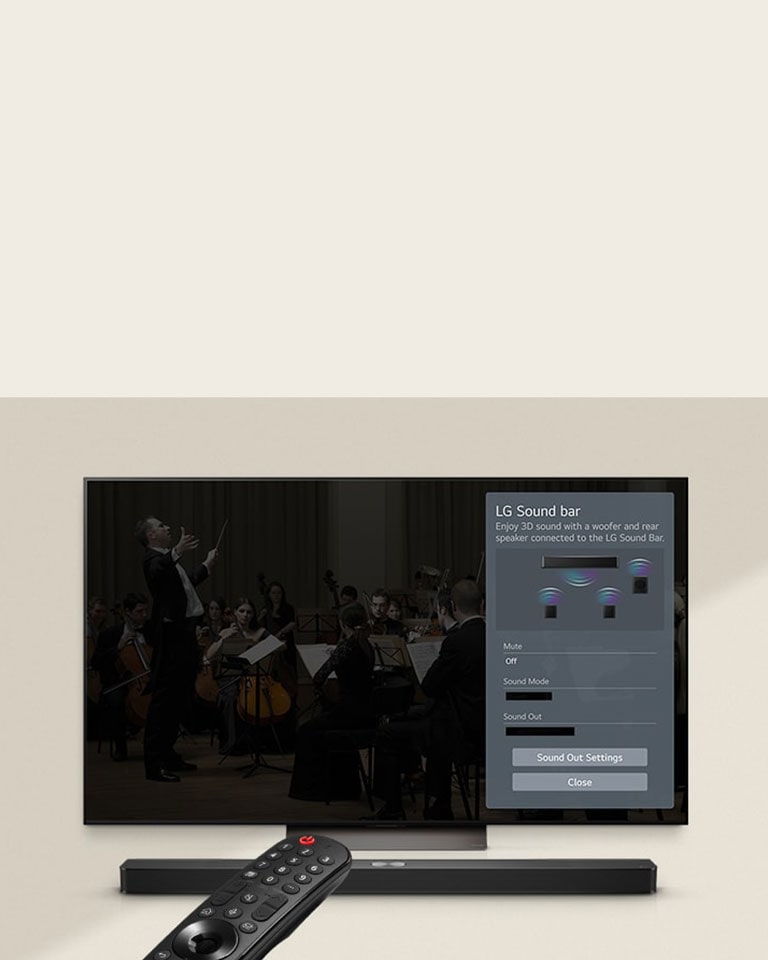 Die LG-Fernbedienung zeigt auf einen LG TV mit einer LG Soundbar darunter. Auf dem Bildschirm des LG TVs wird das Menü der WOW-Oberfläche angezeigt.