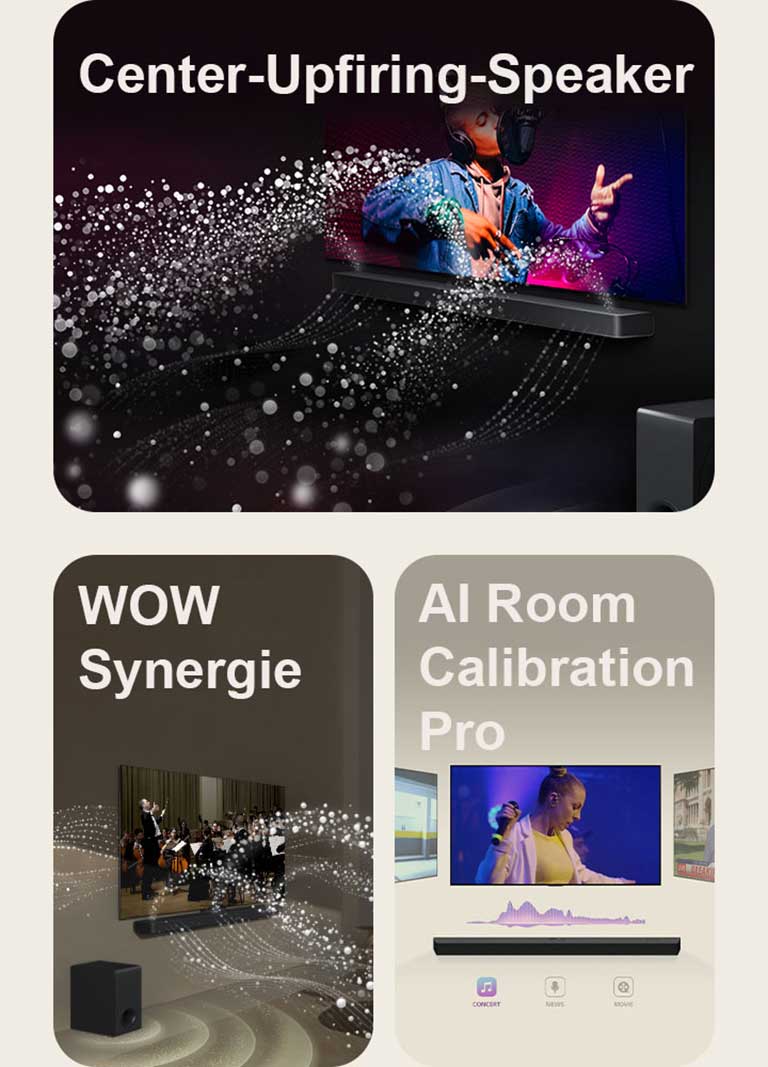LG TV und LG Soundbar in einem schwarzen Raum bei der Wiedergabe einer Musikaufführung. Von der Soundbar kommen weiße Tröpfchen, die Schallwellen darstellen, nach oben und nach vorne, während der Subwoofer von unten einen Klangeffekt erzeugt.  LG TV und LG Soundbar in einem Wohnzimmer bei der Wiedergabe einer Orchesteraufführung. Von der Soundbar gehen weiße Tröpfchen, die Schallwellen darstellen, nach oben und nach vorne und projizieren vom Fernseher, während der Subwoofer von unten einen Klangeffekt erzeugt.  LG TV, LG Soundbar, hintere Lautsprecher und ein Subwoofer befinden sich in einem Wohnzimmer. Über dem Raum wird ein Raster eingeblendet, das wie ein Scan des Raums wirkt. Weiße Klangwellen aus Tröpfchen zeigen das harmonische Zusammenspiel der hinteren Lautsprecher und der Soundbar.