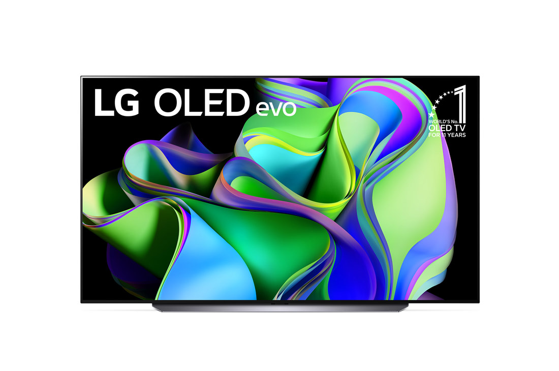 LG 83“ LG OLED TV, Vorderansicht mit dem LG OLED evo „11 Years World No.1“-OLED-Logo und Logo für 5 Jahre Garantie auf das Display auf dem Bildschirm, OLED83C39LA