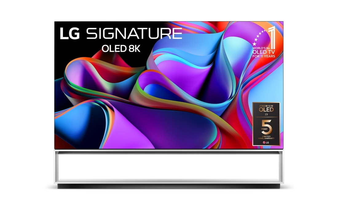 LG 88“ LG OLED TV, Vorderansicht mit dem LG OLED 8K evo Logo, „11 Years World No.1 OLED“-Logo und „5-Jahre-Garantie-Logo“ auf dem Bildschirm, OLED88Z39LA