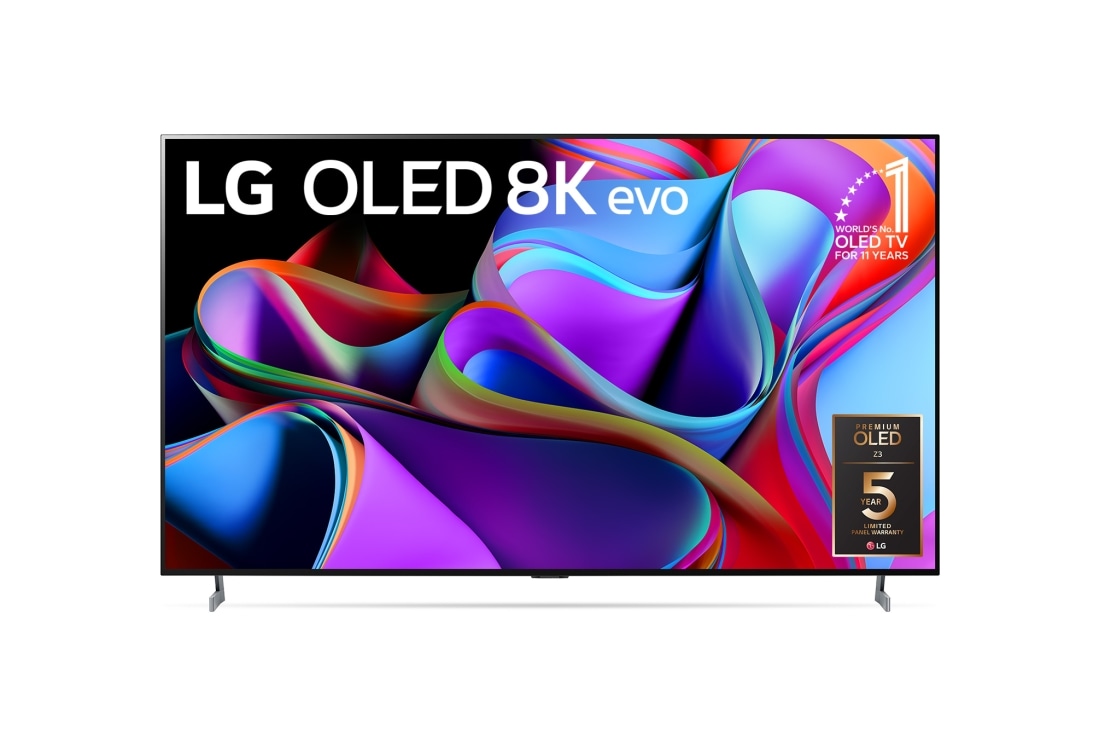 LG 77“ LG OLED TV,   Vorderansicht mit dem LG OLED 8K evo Logo, „11 Years World No.1 OLED“-Logo und „5-Jahre-Garantie-Logo“ auf dem Bildschirm, OLED77Z39LA
