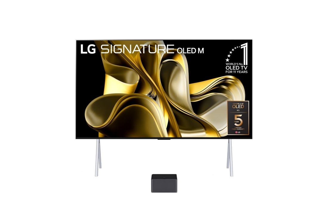 LG 97'' LG SIGNATURE 4K OLED evo TV M3, Frontansicht mit LG OLED M3 auf dem Ständer und Zero Connect Box darunter, 10 Jahre World No.1 OLED Emblem, LG Signiture OLED M und 5-Jahres-Panel-Garantie-Logo auf dem Bildschirm, OLED97M39LA