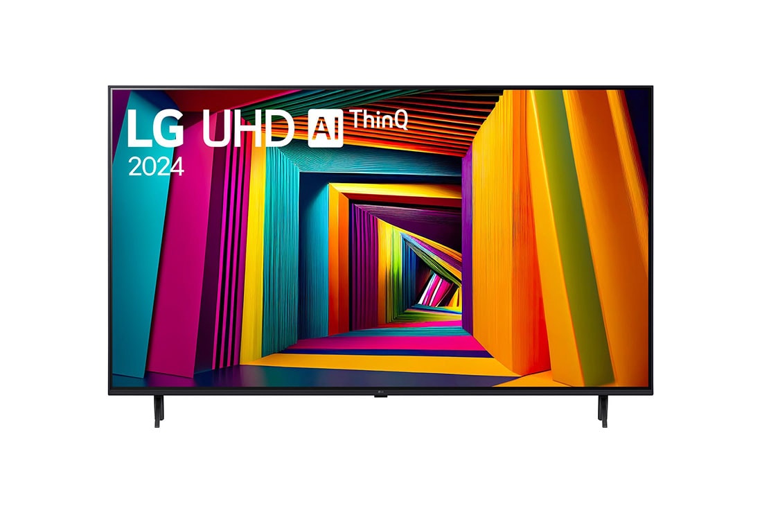 LG 43 Zoll 4K LG UHD Smart UT91, Vorderansicht des LG UHD Fernsehers, UT91 mit Text von LG UHD AI ThinQ und 2024 auf dem Bildschirm, 43UT91006LA