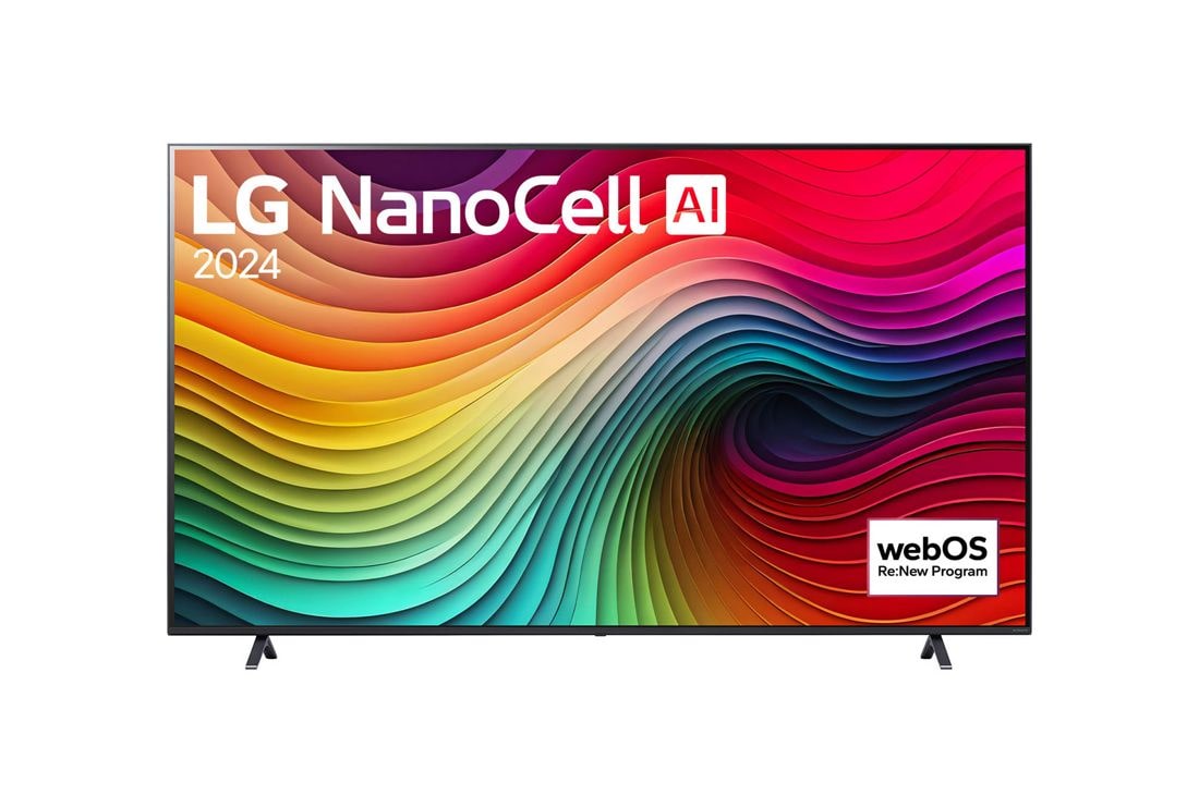 LG 86 Zoll LG NanoCell AI NANO81 4K Smart TV 86NANO81, Frontansicht LG NanoCell TV, NANO80, auf dem Schirm der Text «LG NanoCell 2024» und das Logo von webOS Re:New Program, 86NANO81T6A