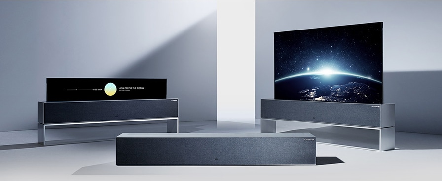 Aufrollbare OLED TV Rs im Full View-, Line View- und Zero View-Modus.