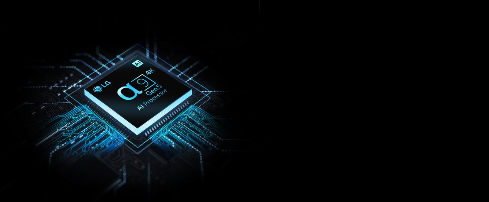Puce de processeur LG α9 Gen5 AI Processor 4K avec des circuits bleus qui en découlent.