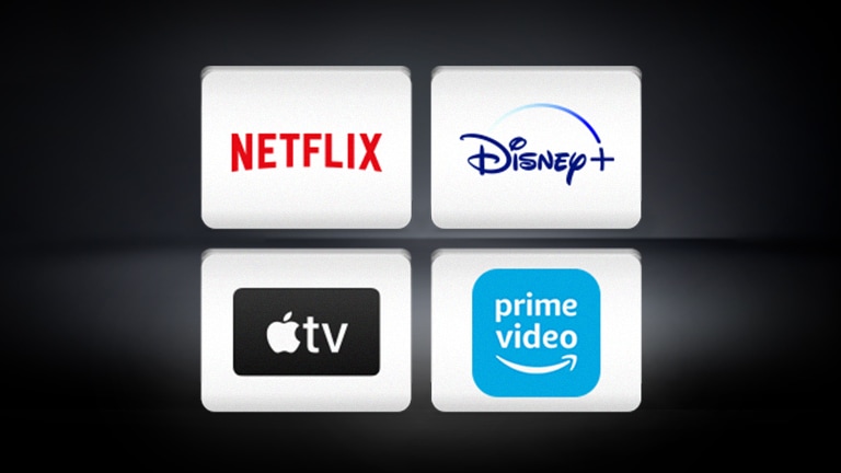 Logo saluran LG, logo Netflix, logo Disney+, logo Apple TV diatur secara horizontal pada latar belakang hitam