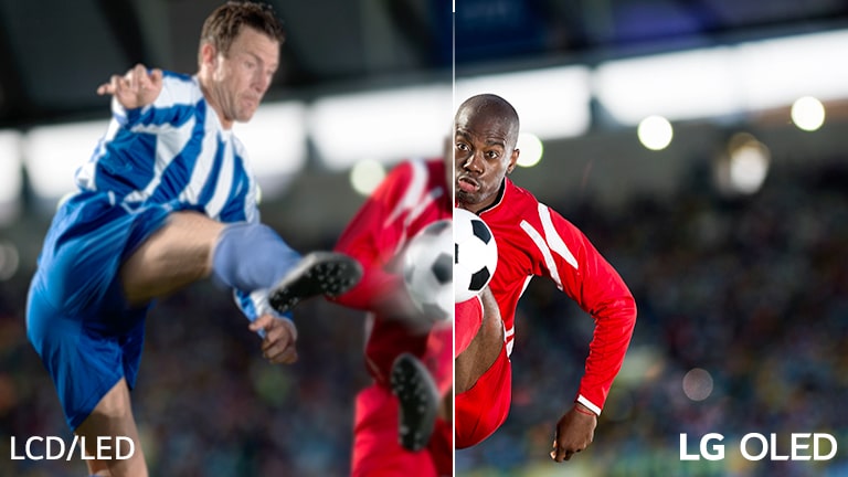 Een scène uit een voetbalwedstrijd is verdeeld in twee om een ​​visuele vergelijking mogelijk te maken. Op de afbeelding staat de LCD/LED -vermelding linksonder en het LG OLED -logo rechtsonder