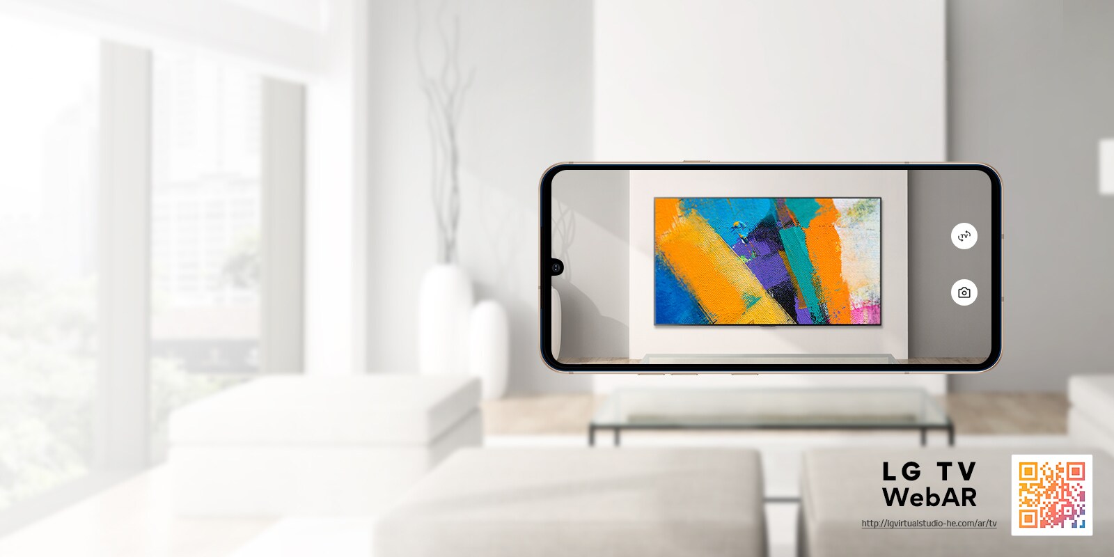 Это AR Web -симуляционные изображения LG OLED TV. Изображения мобильного телефона перекрываются в минималистском пространстве. Есть QR -код в нижней части справа