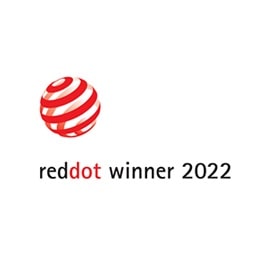 赤いドットデザインのロゴ。
