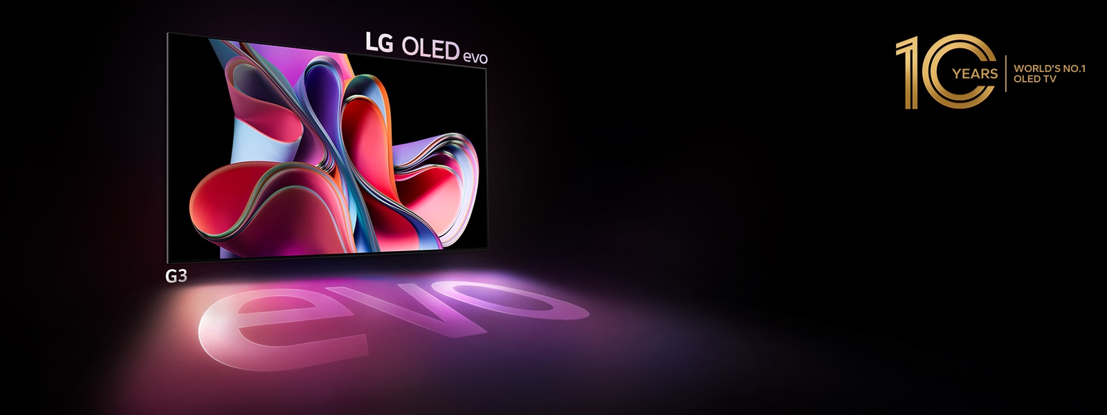 Un téléviseur LG OLED G3 brille dans un espace sombre. En haut à droite, un logo rappelle le 10e anniversaire de l’OLED.