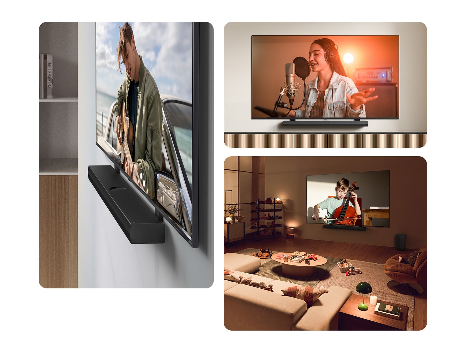 La LG Soundbar et la LG QNED TV accrochées au mur avec le crochet compatible QNED dans un salon gris et couleur bois, vues dans un plan incliné montrant un homme jouant de la guitare.  La LG Soundbar et la LG QNED TV contre un mur couleur crème avec le crochet QNED TV correspondant. La TV diffuse la vidéo d’une femme dans un studio d’enregistrement. En-dessous de la TV se trouve un support en bois moderne de forme géométrique.   La LG Soundbar et la LG QNED TV sur un mur avec le crochet QNED TV correspondant dans un espace de vie confortable et à l’éclairage tamisé, avec des jouets d'enfants. La TV diffuse la vidéo d’un petit garçon en train de jouer du violoncelle. 