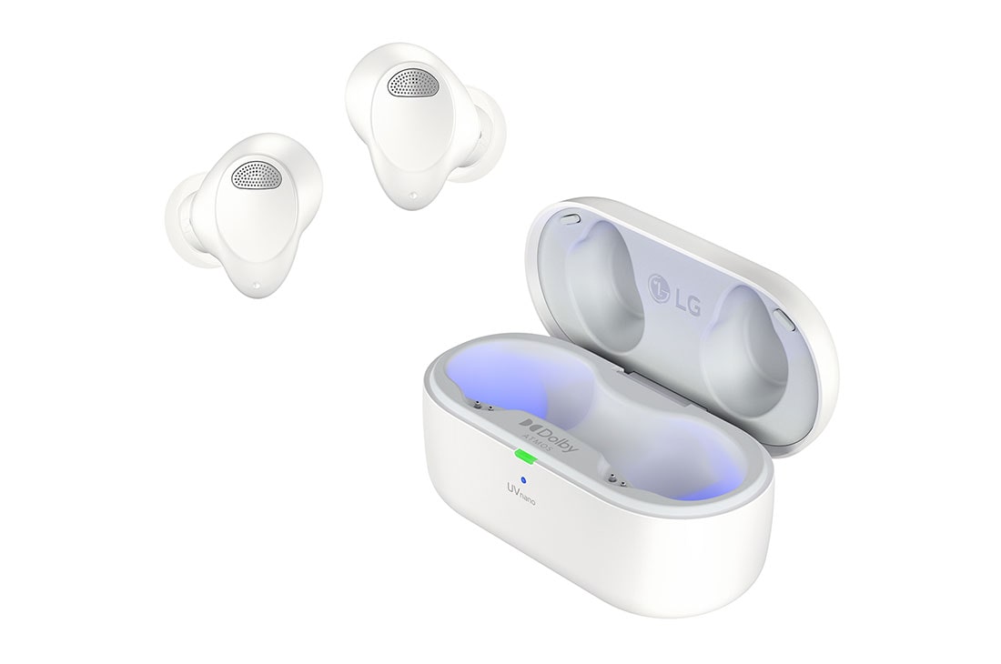 LG TONE Free T90S | 2024 | Écouteurs Bluetooth True Wireless | Dolby Atmos | Plug & Wireless, While the earbuds are in the air, light is emitted from the case, opening the cradle's lid. Plug and Wireless appear on the left,, TONE-T90S-blanc