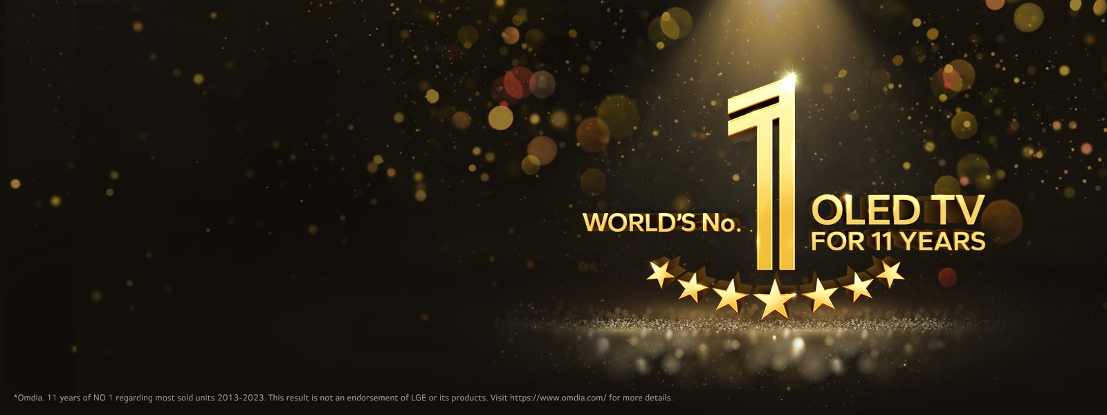 A gold emblem of World's number 1 OLED TV for 11 Years against a black backdrop. A spotlight shines on the emblem, and gold abstract stars fill the space.