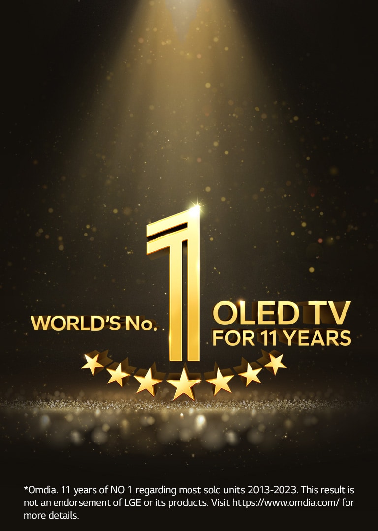 A gold emblem of World's number 1 OLED TV for 11 Years against a black backdrop. A spotlight shines on the emblem, and gold abstract stars fill the space.