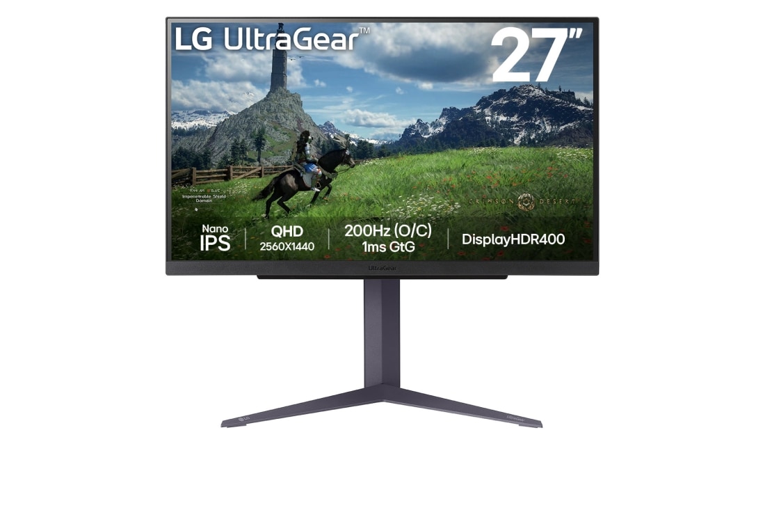 LG Moniteur pour jeu de 180 Hz (O/C 200Hz) UltraGear™ QHD Nano IPS de 27” | 1ms (GtG), DisplayHDR™ 400, vue avant, 27GS85QX-B