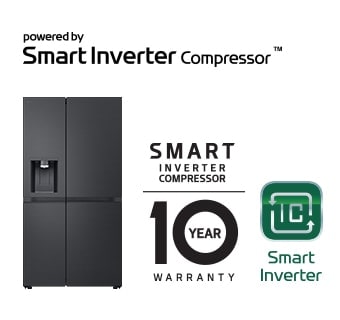 Image du produit avec logo Smart Inverter Compressor™ et logo de garantie 10 ans.